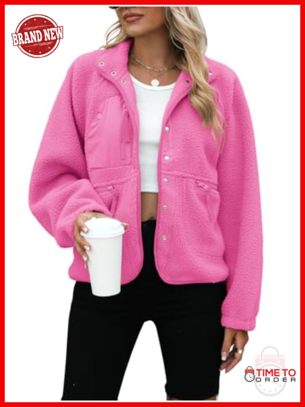 Womens Sherpa Fleece Jacket Button Down Fuzzy Crop Sweater Coat